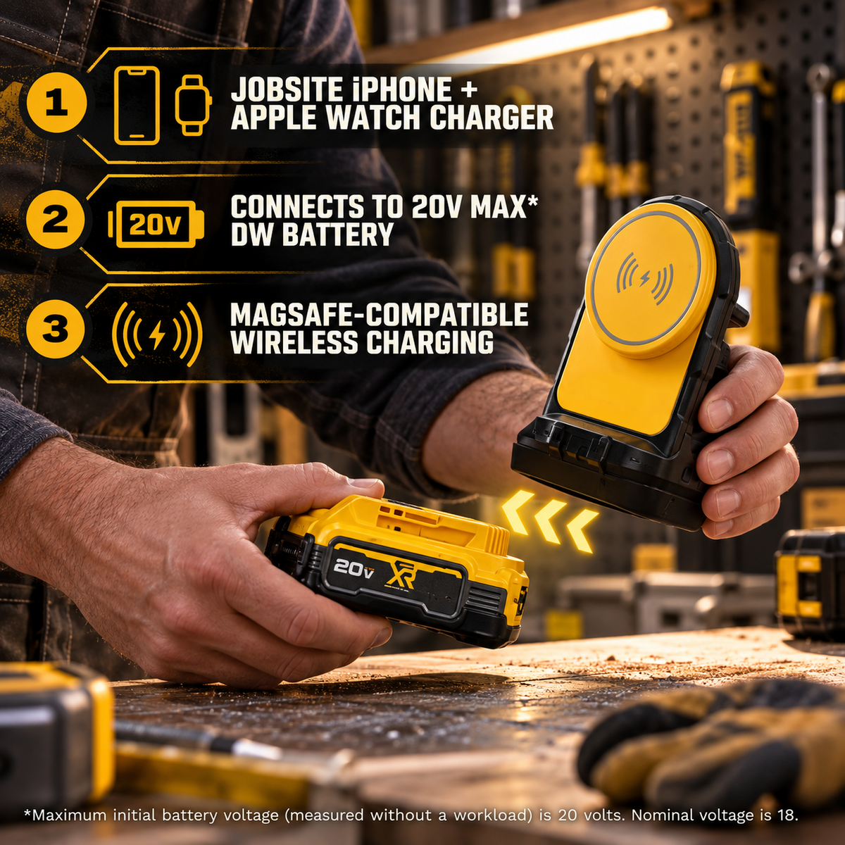 Magnetic charging station connecting to compatible 20V MAX slide battery