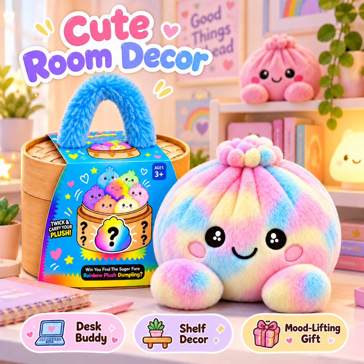 Rainbow Dumpling Plush Squishy with Bamboo-Style Steamer Basket – 8 Adorable Colors, Cute Stuffed Toy & Gift