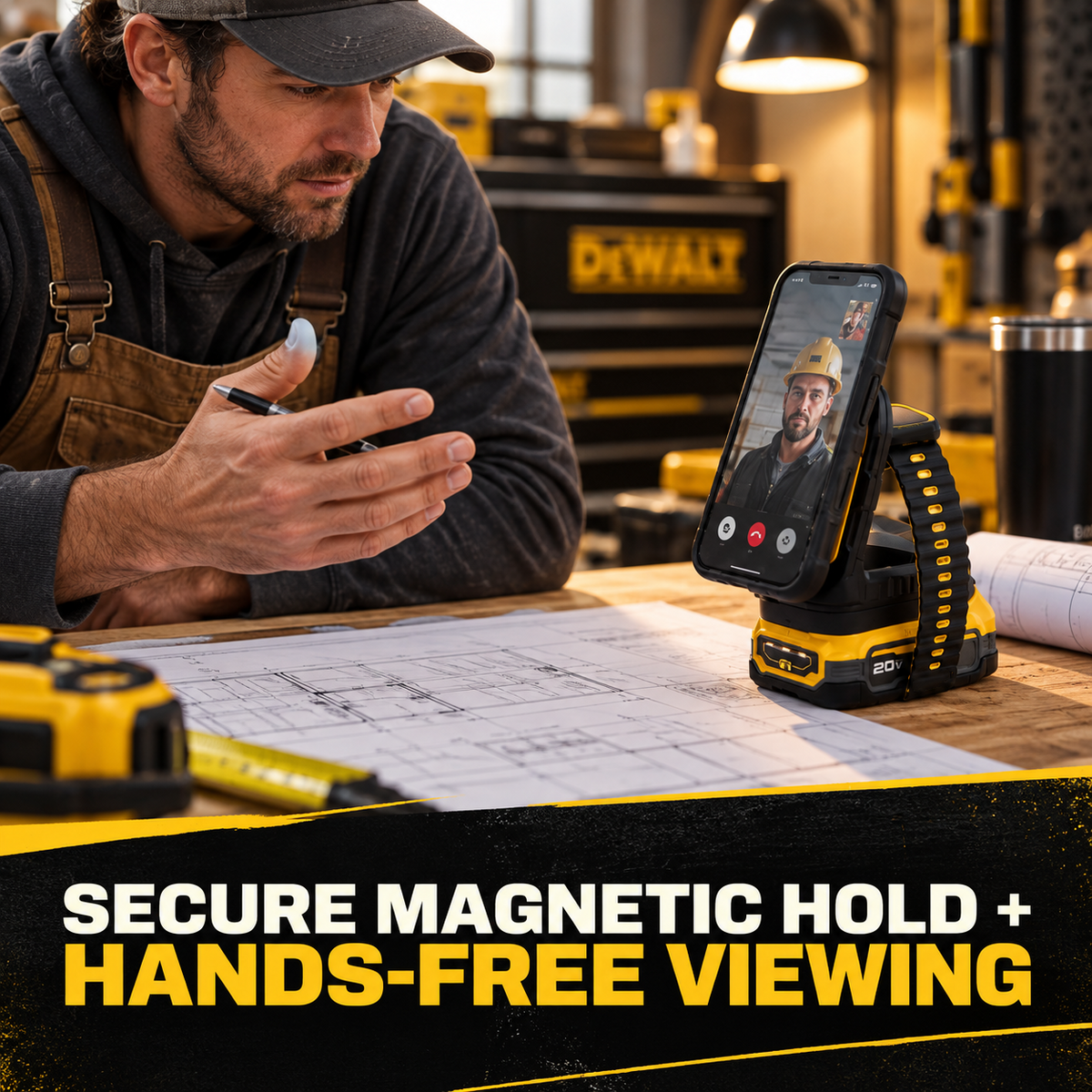 Worker using magnetic charger as hands-free phone stand during video call