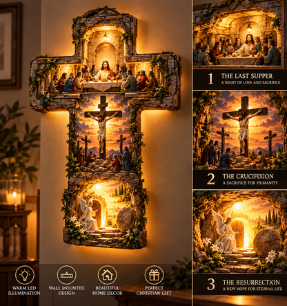 ✝️ He Is Risen – 3-Scene LED Wall Cross Lamp | Last Supper, Crucifixion & Resurrection