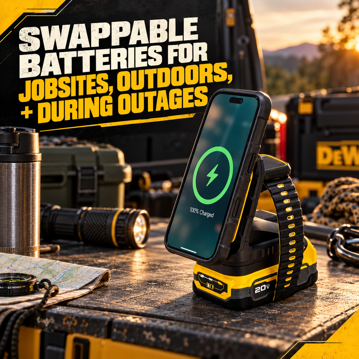 20V battery-powered magnetic phone charging station used outdoors
