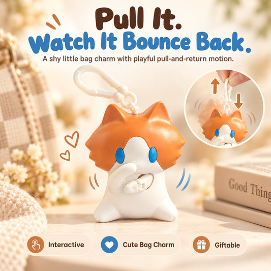 🐱 Pull & Play Shy Cat Bag Charm – Cute Retractable Keychain