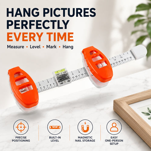 Adjustable Picture Hanging Tool with Built-In Level & Nail Positioning