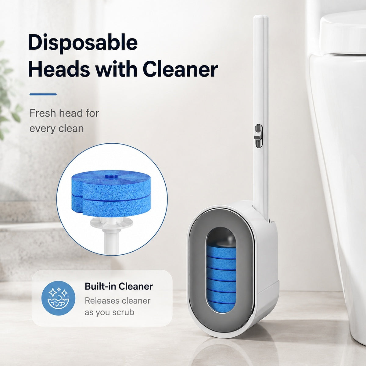 Disposable Toilet Brush System – Clean, Release & Store Without Keeping a Used Brush Head