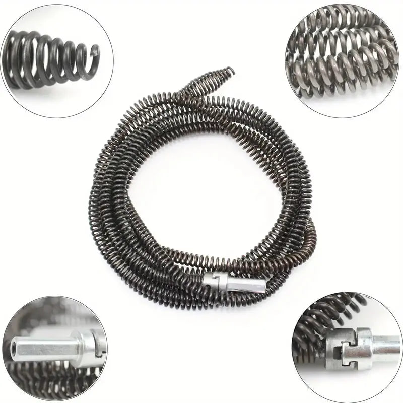 Flexible drill powered drain cleaning snake with metal spring and drill connector