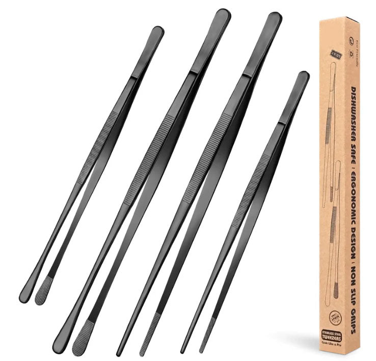4 Pcs Fine Long Tweezer Tongs Professional Black Set,12'' and 10'' Stainless Steel for Kitchen Utensils , Food, Cooking, Repairing, Sea food and BBQ