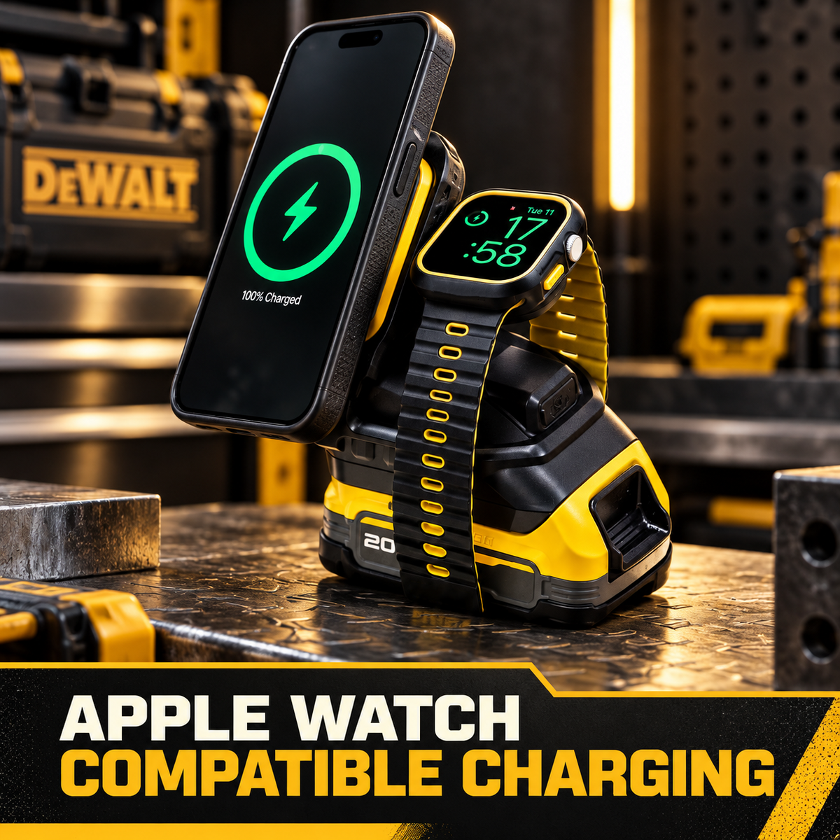 20V MAX battery-compatible magnetic wireless charger powering phone and smartwatch