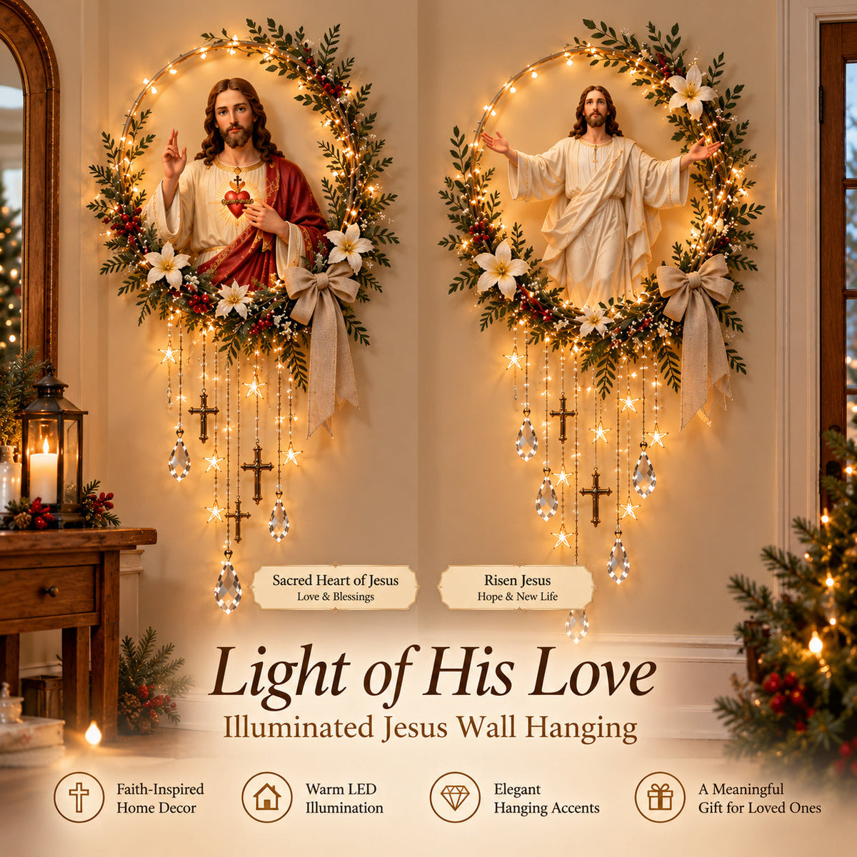 ✝️ Light of His Love – Illuminated Jesus Wreath Wall Hanging
