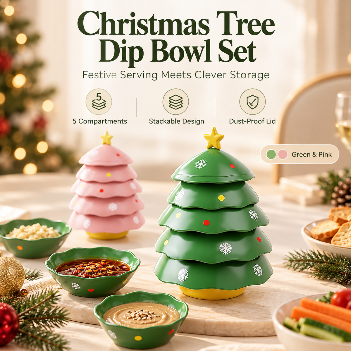 🌲Christmas Tree Stackable Dip Bowl Set – 5 Mini Serving Bowls