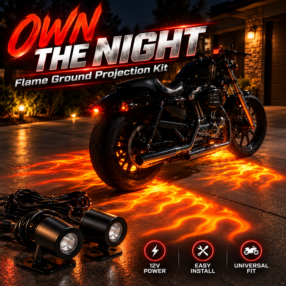 🔥 Motorcycle Flame Ground Projector Kit – Dual 12V Adjustable Underbody Lights