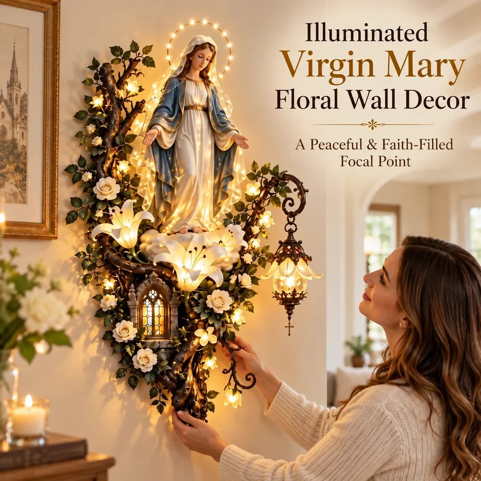 🕊️ Illuminated Virgin Mary Floral Wall Decor – Light-Up Marian Faith Wall Art