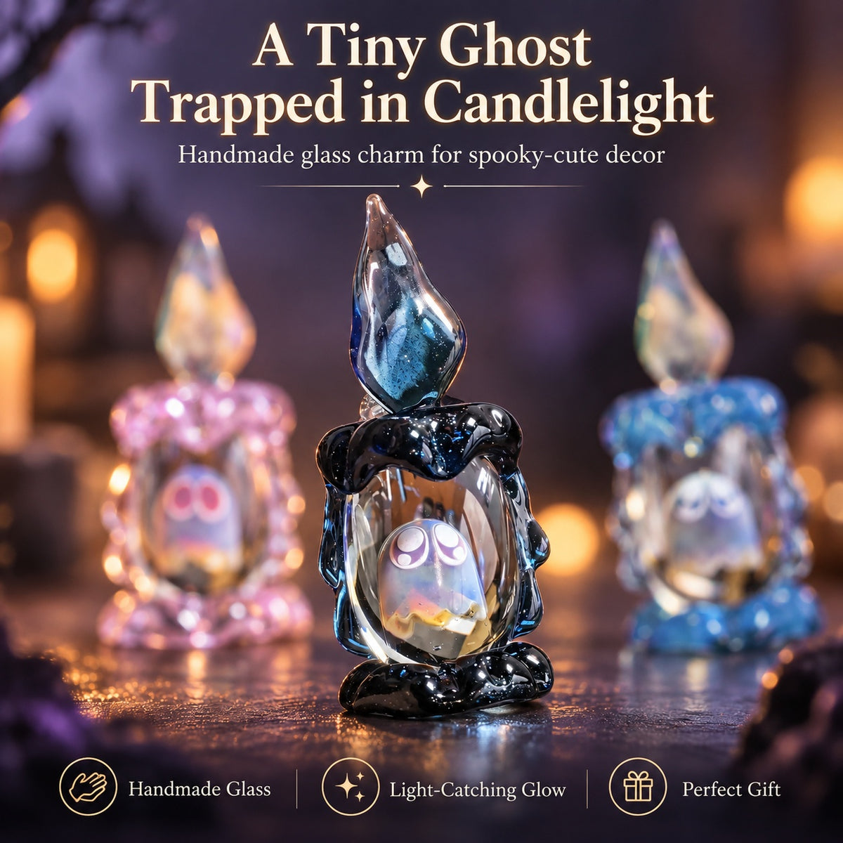👻 Ghost in Candle Handmade Glass Figurine — Spooky-Cute Collectible Decor