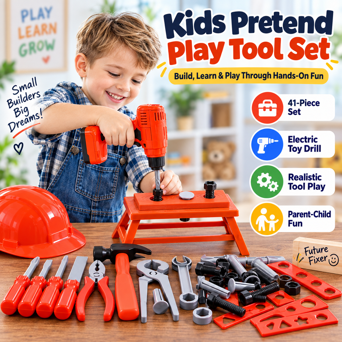 ⚡41PCS Kids Electric Drill Tool Set – Twist, Tighten, Build & Pretend
