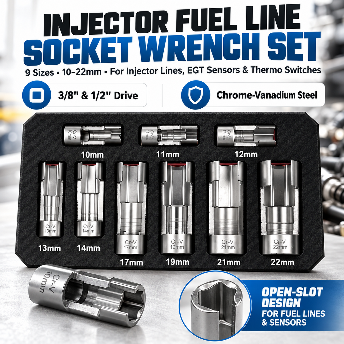 🔧9-Piece Injector & Sensor Line Socket Set – 10–22mm Open-Side Cr-V Sockets, 3/8' & 1/2' Drive