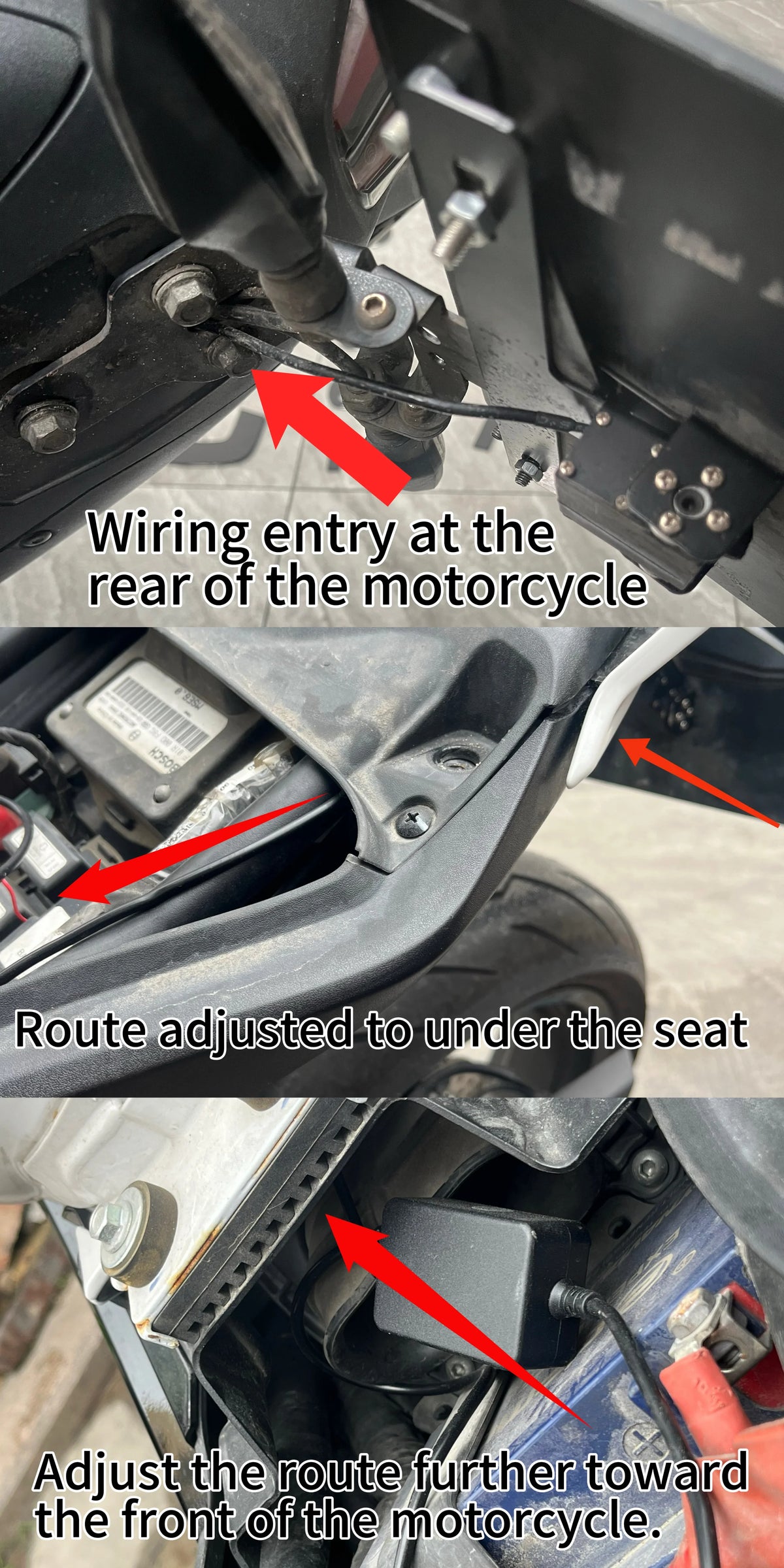 Motorcycle plate bracket cable routing from rear to under seat