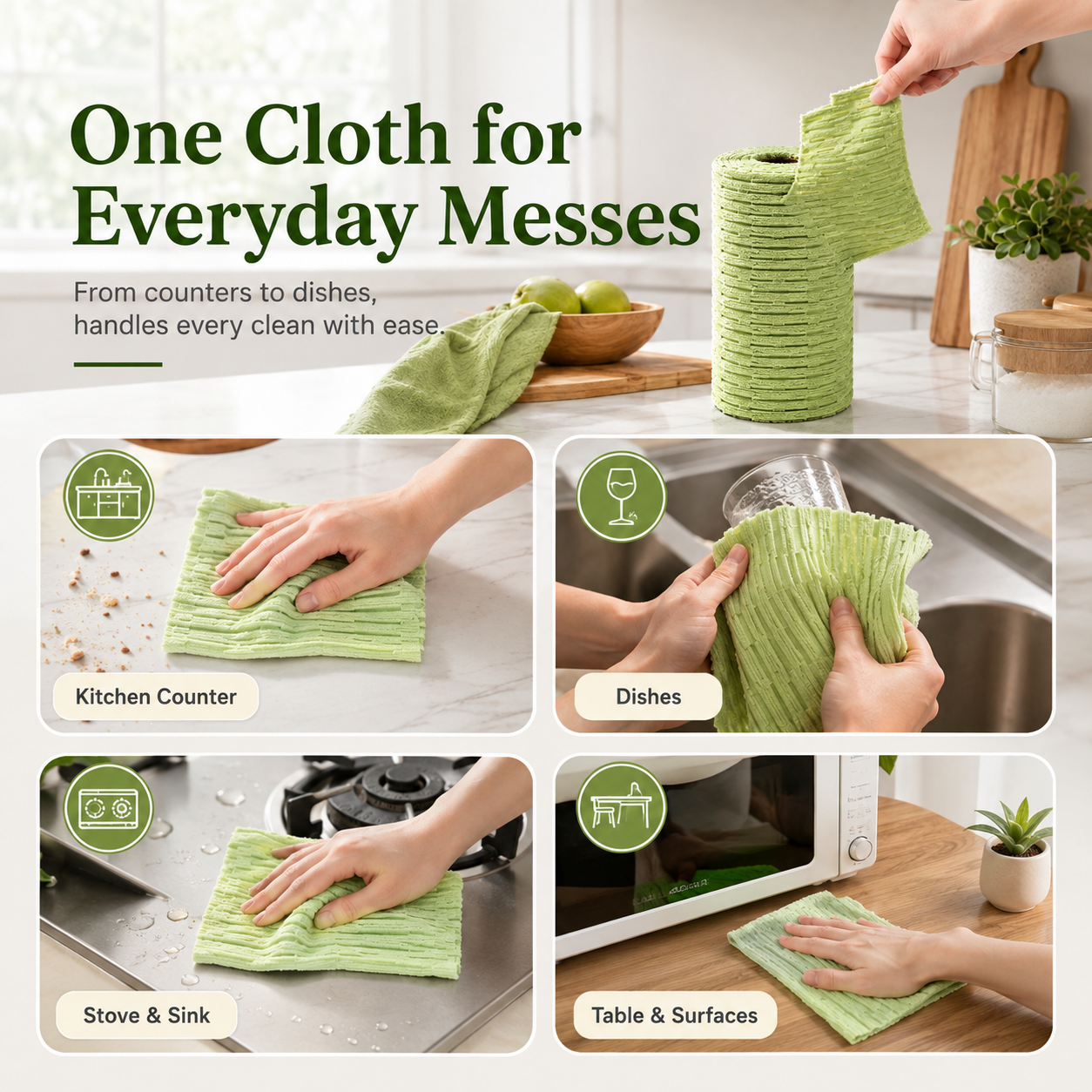 🍃 Bamboo Fiber Cleaning Cloth Roll – Thick Absorbent Tear-Off Kitchen Towels for Grease, Spills & Everyday Cleaning