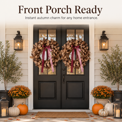 🍂 Set of 2 Autumn Leaf Wreaths With Ribbon – Matching Fall Door & Home Decor