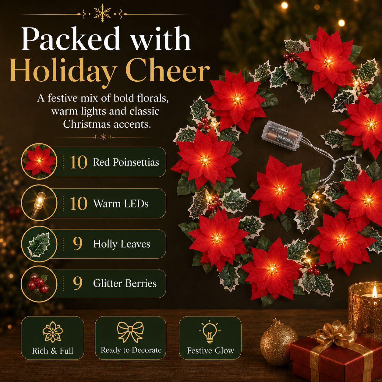 Lighted Christmas Poinsettia Garland with 10 or 20 Warm LEDs – Battery Powered Holiday Floral Decor