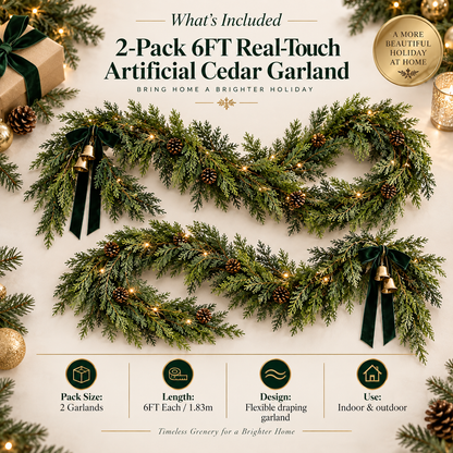 🎄 2-Pack 6FT Real-Touch  Artificial Cedar Garland