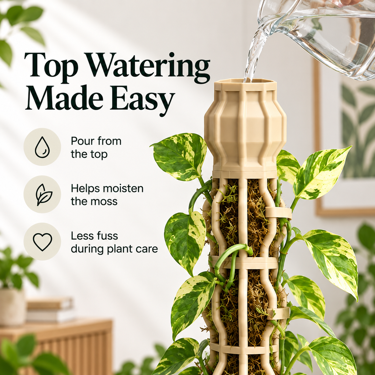 🌿 Stackable Climbing Plant Support Pole – Vine Clips, Moss Fill & Top Watering Design
