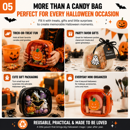 🎃 Halloween Mini Clear Pouch – Cute Pumpkin Ghost Bat Treat Bag for Candy, Makeup & Small Treasures