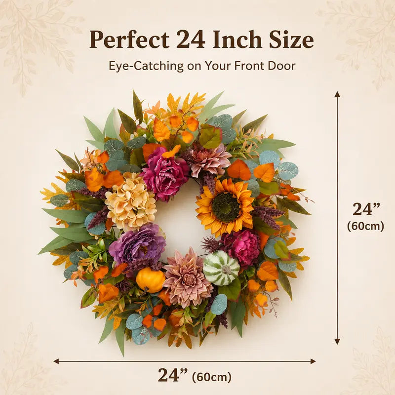 24'' Round Rustic Fall Thanksgiving Wreath for the Front Door
