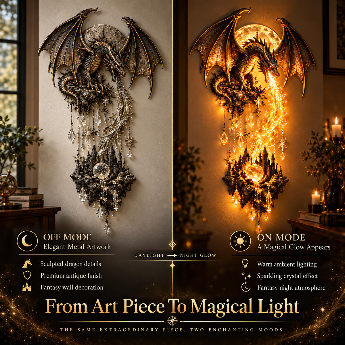 Dragonfire Moonlight Wall Lamp shown unlit by day and glowing at night