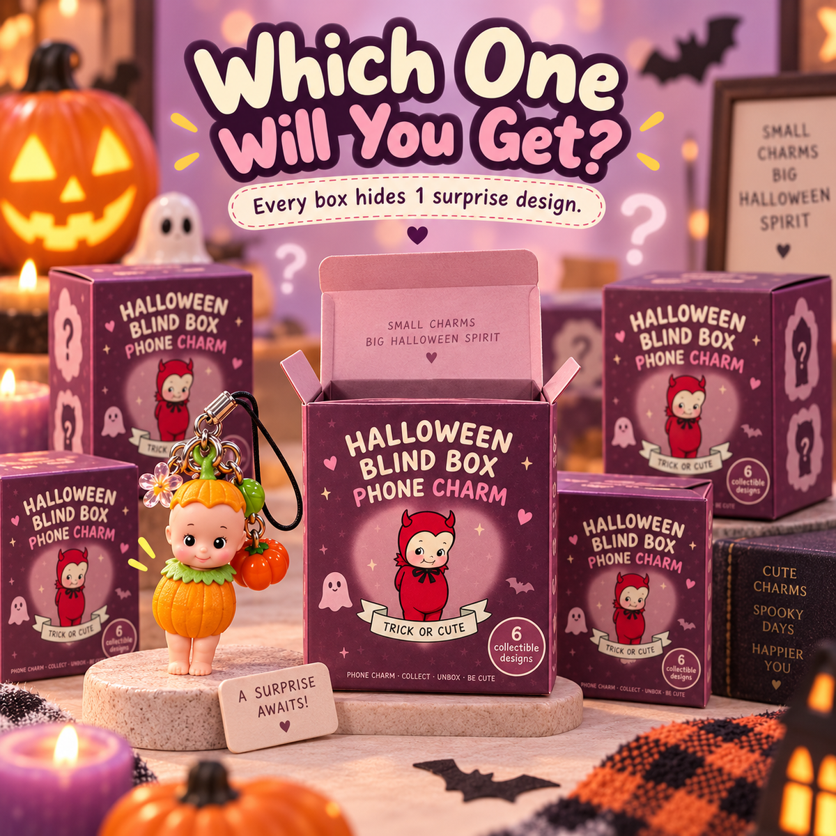 🎃 Halloween Mystery Blind Box Phone Charm – 1 of 6 Spooky-Cute Collectible Designs
