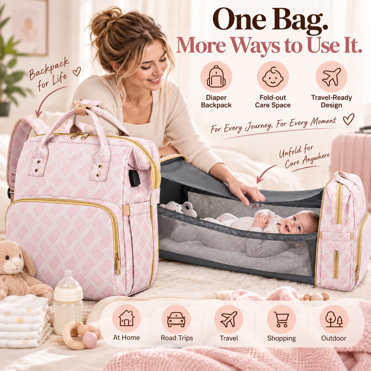 👶  2-in-1 Baby Diaper Bag Backpack – Fold-Out Care Space & Large Storage
