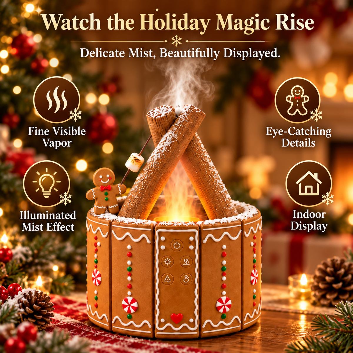 🎄 MerryMist Christmas Campfire Aroma Diffuser – Cozy Flame-Style Glow, Festive Mist & Adorable Santa/Gingerbread Designs