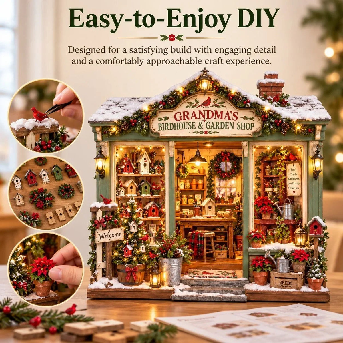🐦 Grandma’s Birdhouse & Garden Shop DIY Miniature Kit – Light-Up Christmas Garden House