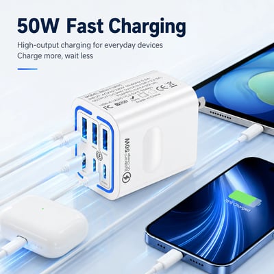 ⚡Portable Multi Port Charging Station 50W, 6-Port USB C & USB A