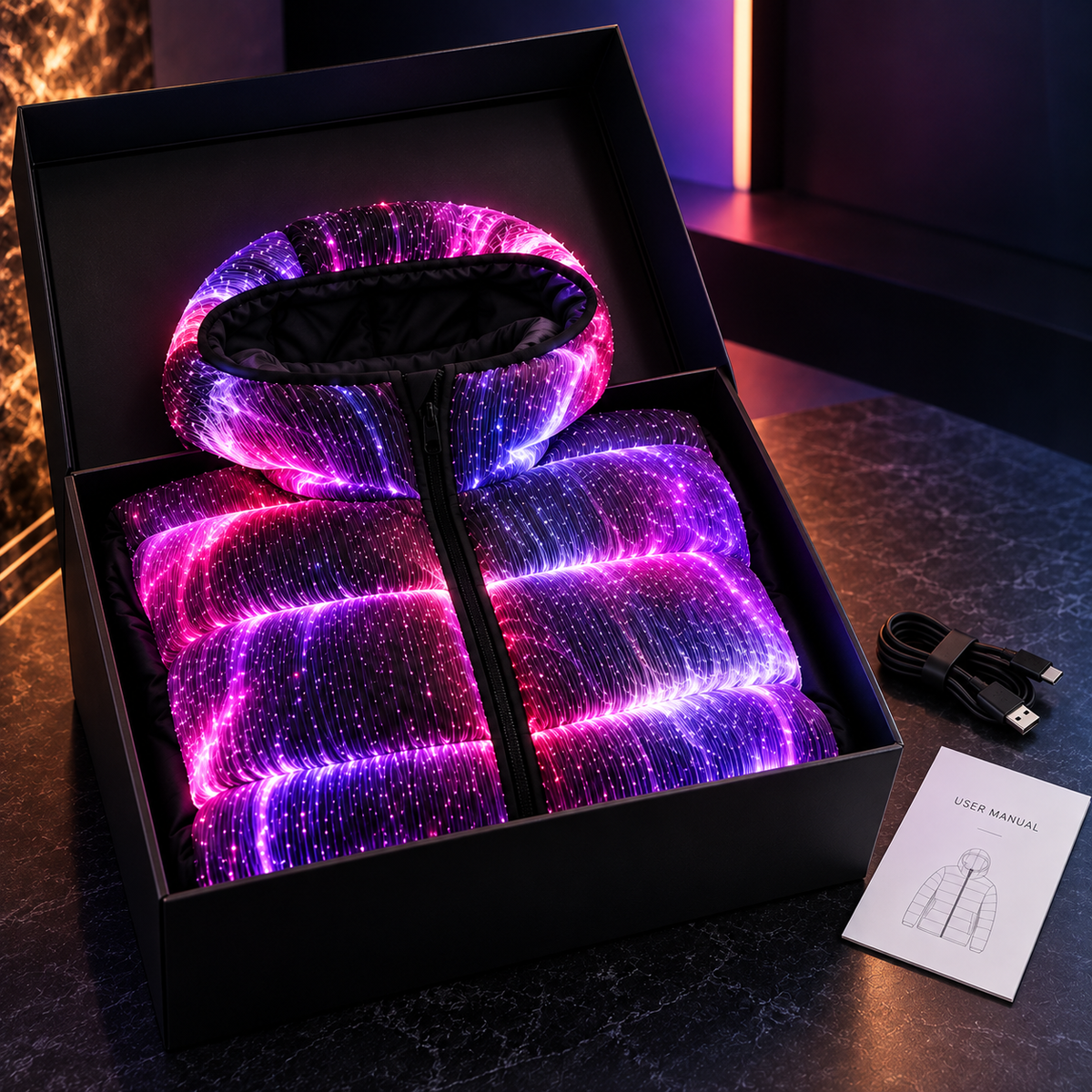⚡🌌LED Light-Up Puffer Jacket – All-Over Fiber Optic Glow, Hooded Winter Coat for Festivals & Nightlife ✨