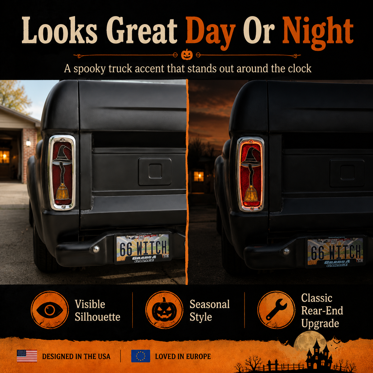 🎃 Halloween Witch Hat & Broom Tail Light Lens Accent for Classic Trucks（2 PCS）