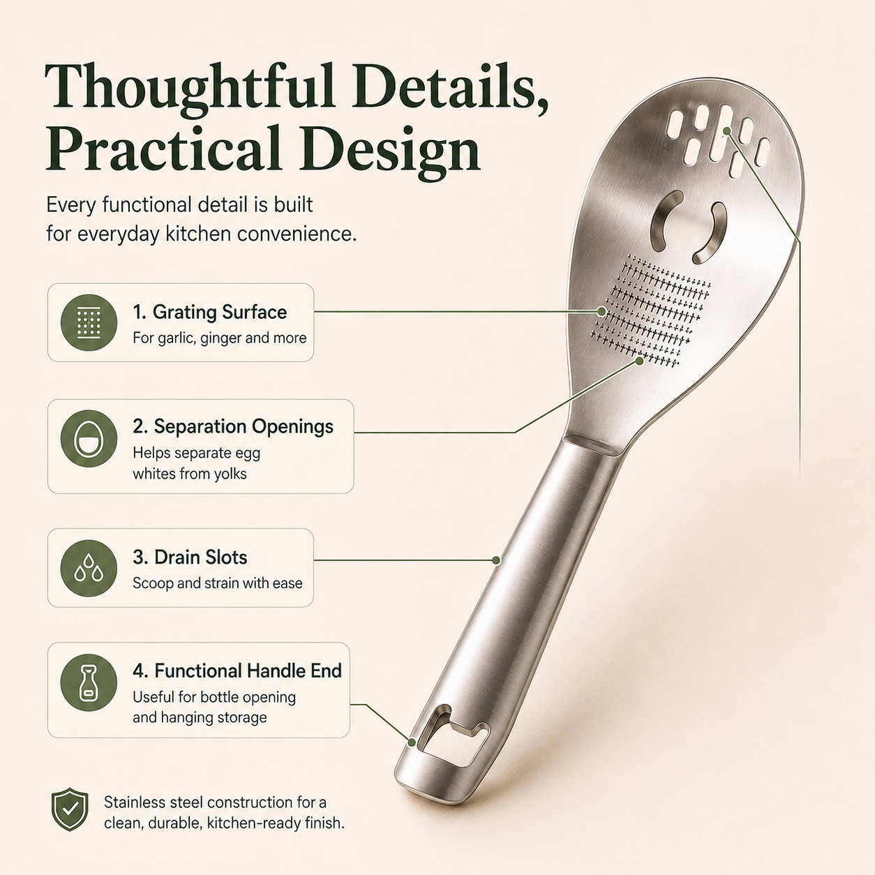 🥄 All-in-One Stainless Steel Kitchen Spoon | Grate, Strain, Mash & More