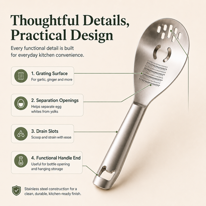 🥄 All-in-One Stainless Steel Kitchen Spoon | Grate, Strain, Mash & More