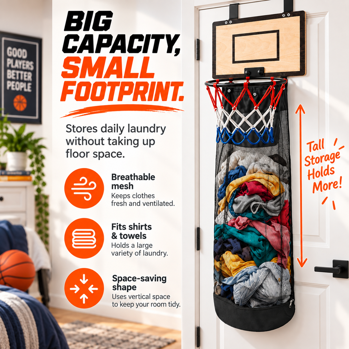 🏀Over-the-Door BasketballLaundry Hamper - Fun Space-Saving Clothes Basket