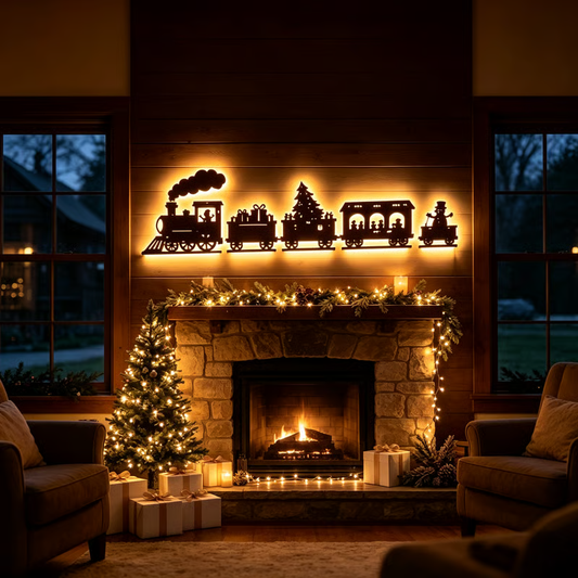 🚂 Christmas Train Wooden Wall Light – Warm Backlit Holiday Décor