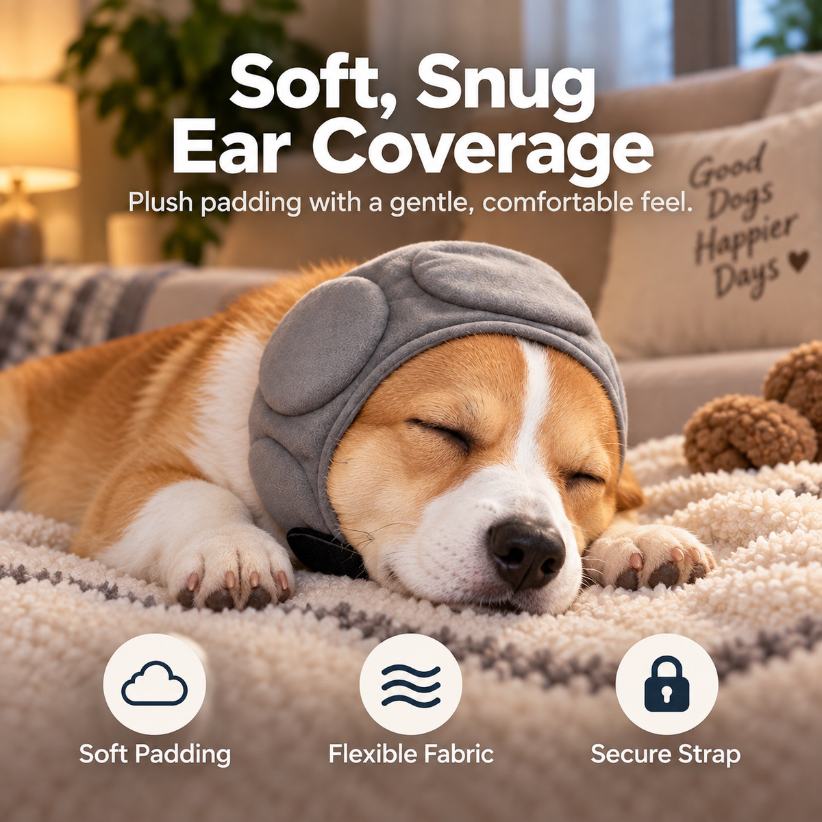 Dog resting while wearing gray padded ear wrap
