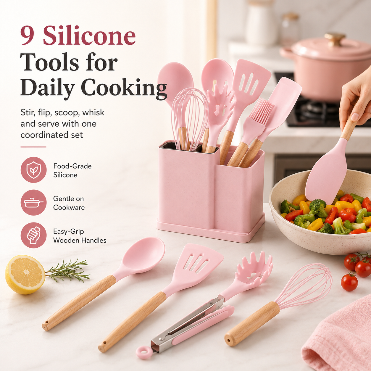 Nine pink silicone cooking tools with wooden handles used for daily cooking