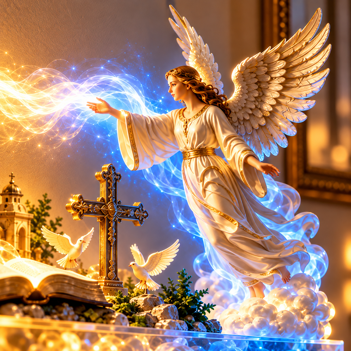 Illuminated angel figure with blue divine light