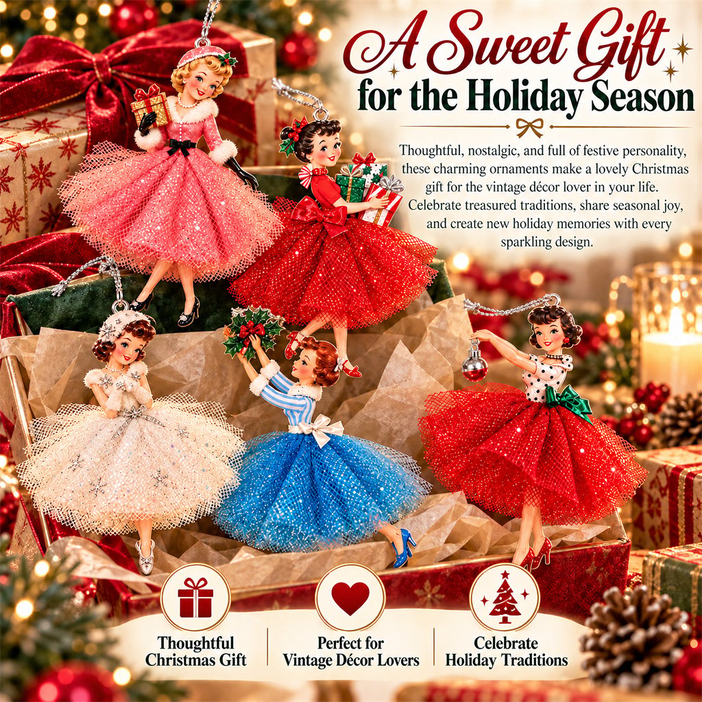 🎀 5 Vintage Christmas Lady Ornaments – Retro Faces, Tulle Skirts & Holiday Charm