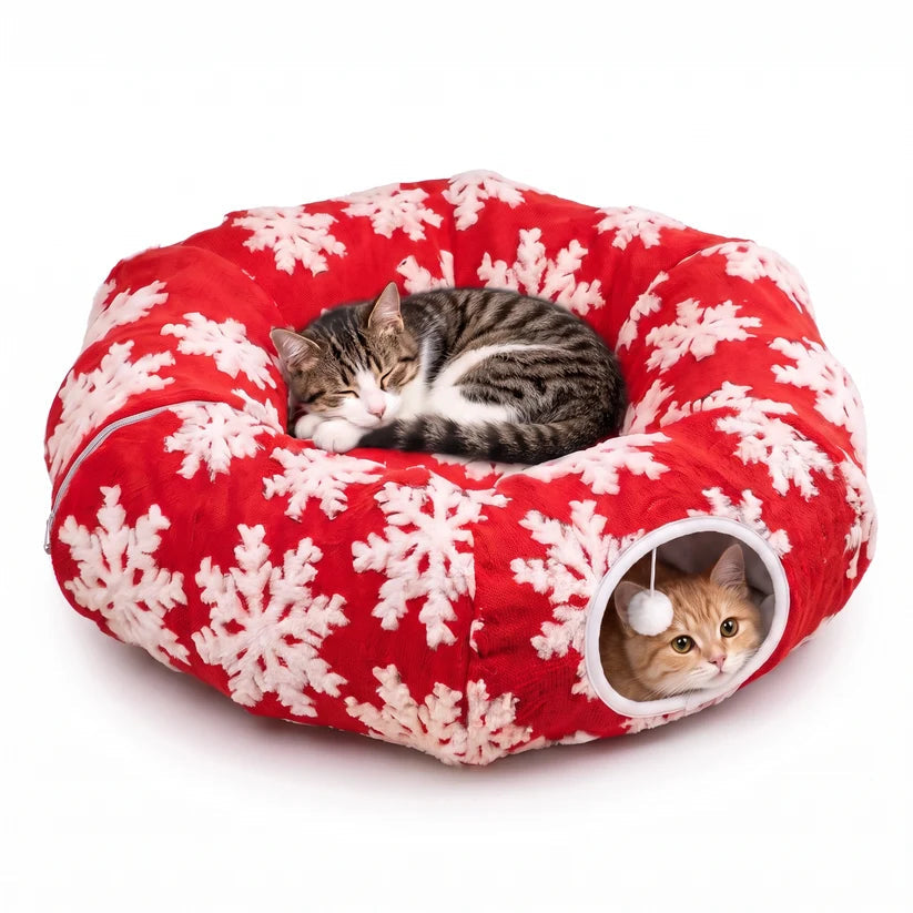 🐱 3-in-1 Christmas Cat Tunnel Bed & Tree Skirt – Cozy Donut Hideaway with Zipper