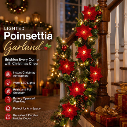 🎄Lighted Poinsettia Christmas Garland – Warm LED Holiday Greenery