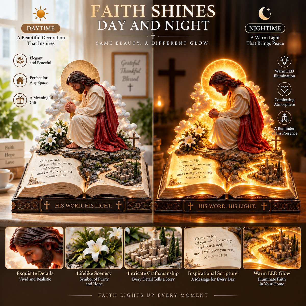 ✨🙏 Faith Brings Peace™ — Illuminated Praying Jesus Figurine