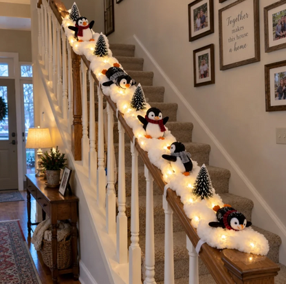 🐧 5-Piece Penguin Christmas Staircase Décor – Snowy Railing Light Display
