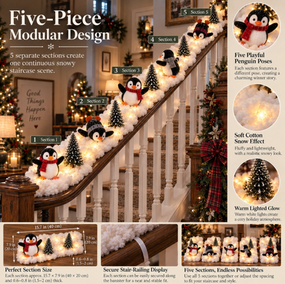 🐧 5-Piece Penguin Christmas Staircase Décor – Snowy Railing Light Display