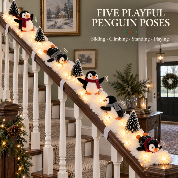 🐧 5-Piece Penguin Christmas Staircase Décor – Snowy Railing Light Display