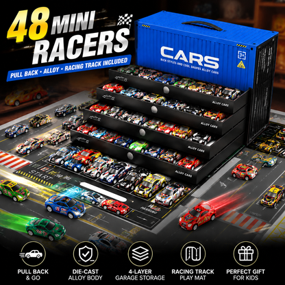 🚨 Last Day 50% OFF! 🚗 48PCS Pull-Back Alloy Racing Car Set | 4-Layer Garage Storage & Racing Track Play Mat 🎁