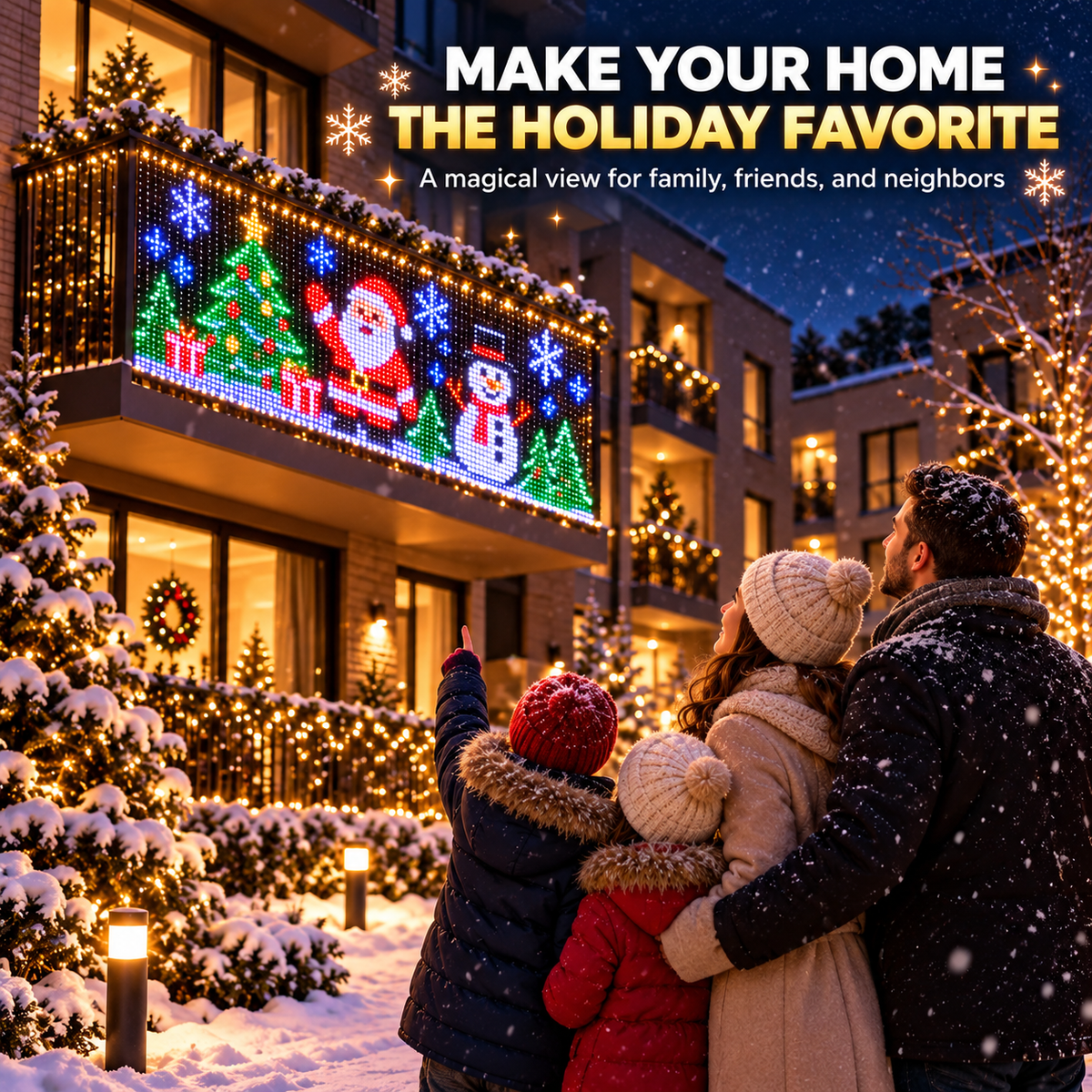 Family looking at a colorful Christmas pixel display on a home balcony